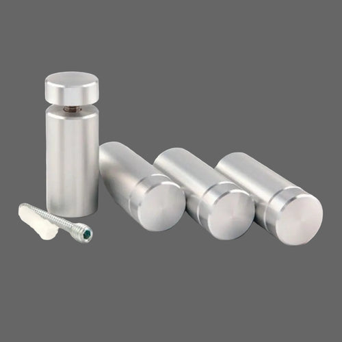 Metallic cylindrical standoff spacers for mounting signs or metal wall décor, displayed on a gray background, featuring HSA House Sensations Art branding, ideal for secure installation of custom metal signage.