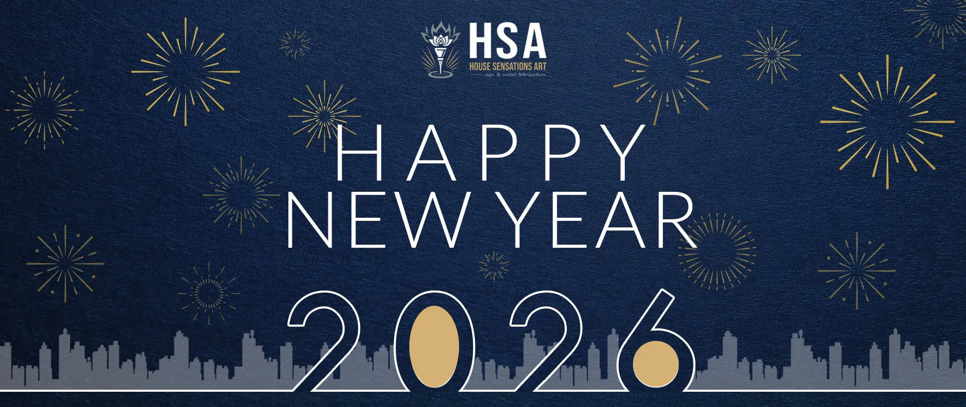 Happy New Year 2026 banner with HSA logo on a dark blue background with gold fireworks.