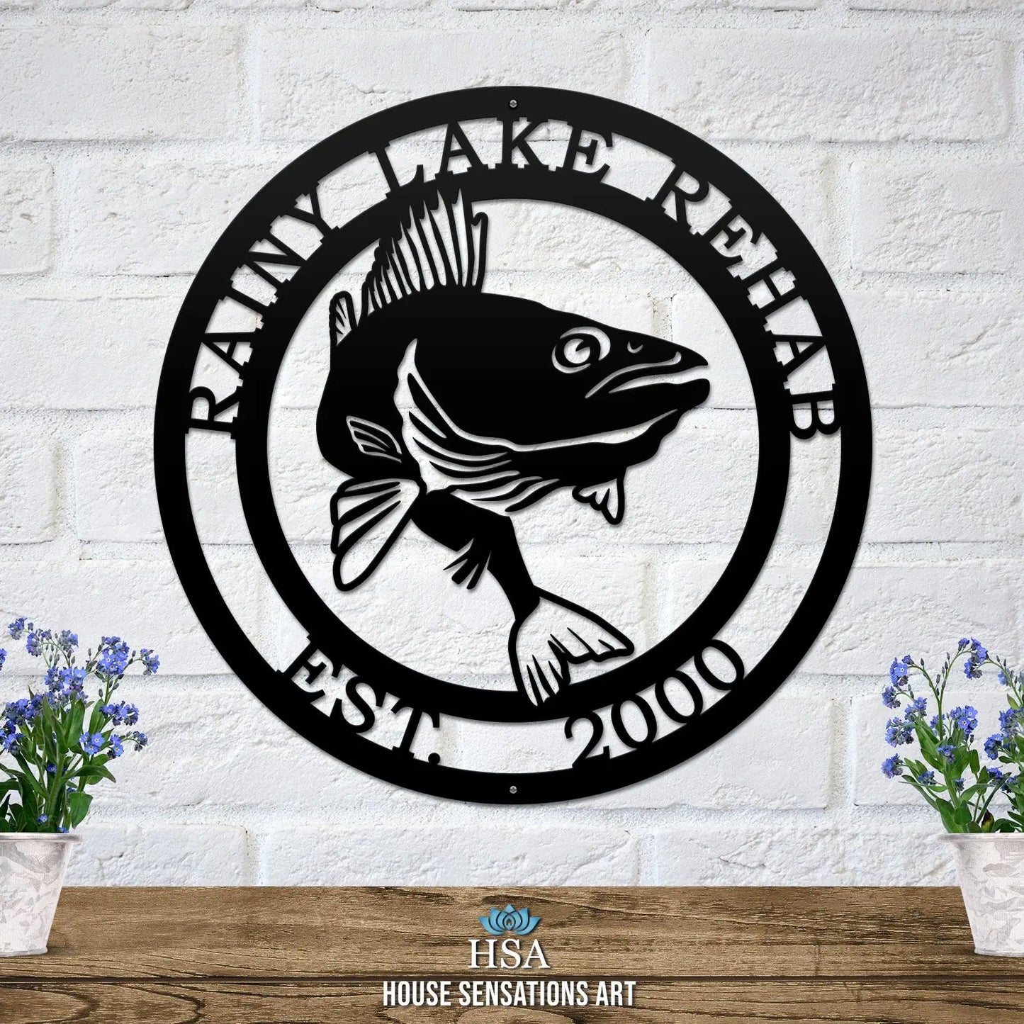 Personalized Walleye Fishing Sign - Custom Metal House Number Plaque features a black fish emblem, ideal for outdoor decor in gardens, yards, or farms. Perfect housewarming gift for animal lovers.