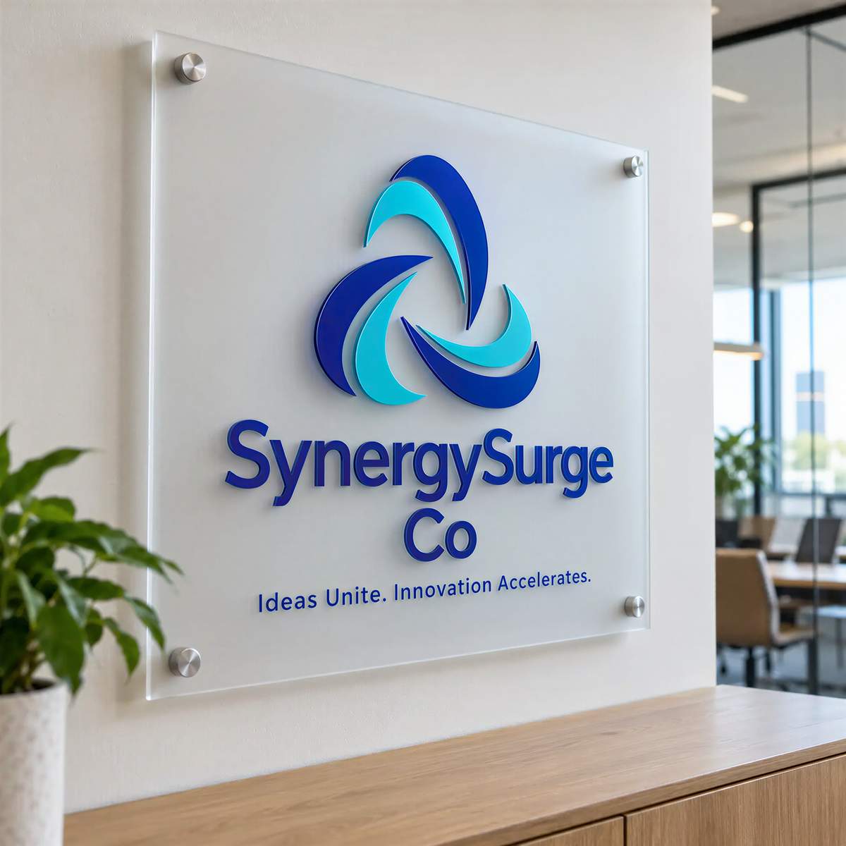 a glass wall with a logo and text, and there is a plant in the foreground.