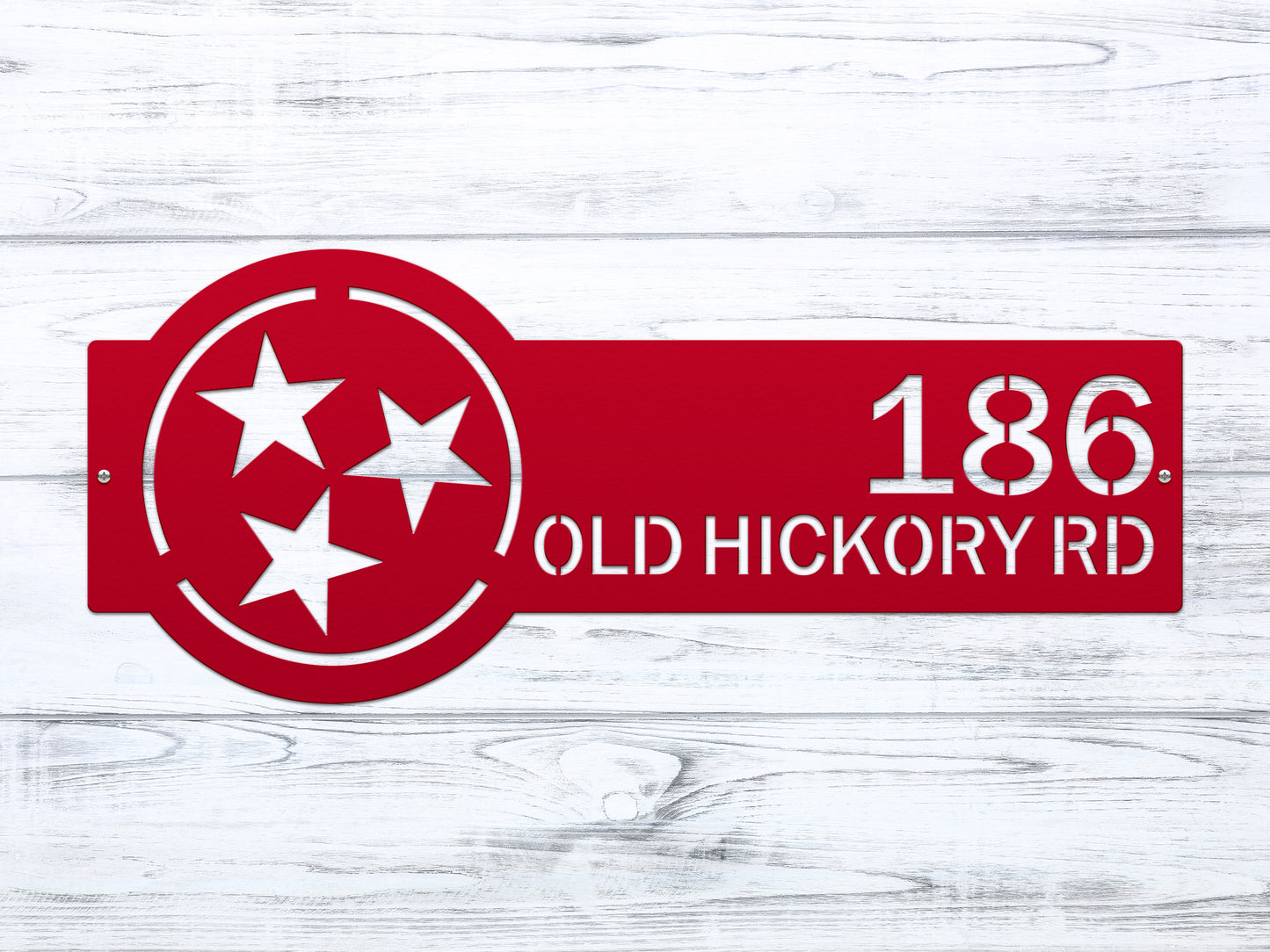 Tennessee Tristar Address Sign Plaque featuring custom house numbers and street name. Precision laser-cut steel sign with stars, ideal for weather-resistant outdoor home décor and housewarming gifts.