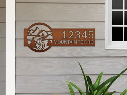 Desert Mountain Monogram Address Plaque, a custom metal house number sign featuring a mountain and tree design, enhancing home décor with its weather-resistant craftsmanship and personalized elegance.