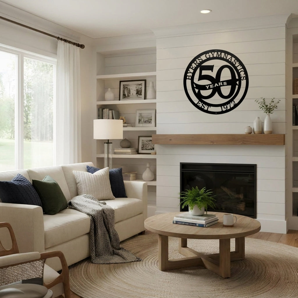 Custom metal business anniversary wall art reading “50 Years,” displayed in dining room setting with HSA branding, personalized milestone décor, HouseSensationsArt