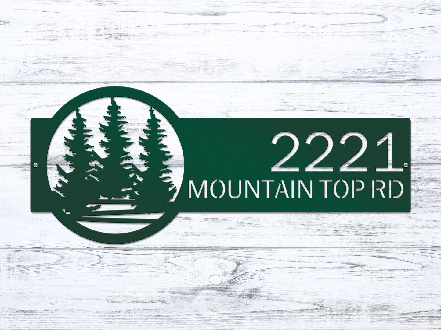 Evergreen Pine Trees Address Sign featuring laser-cut metal art with trees and house numbers. Customizable, weather-resistant outdoor décor ideal for enhancing curb appeal or gifting.