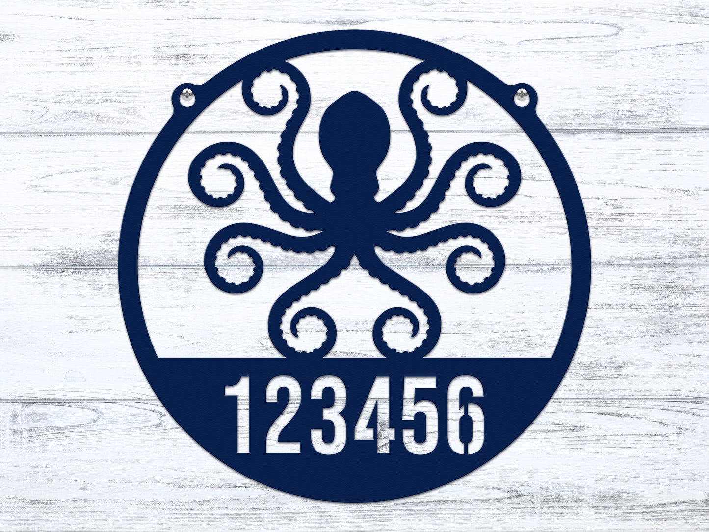 Octopus House Numbers Address Sign – Custom Street Numbers Sign depicted with a blue octopus and numbers, showcasing its weather-resistant design, ideal for enhancing outdoor home décor and as a housewarming gift.