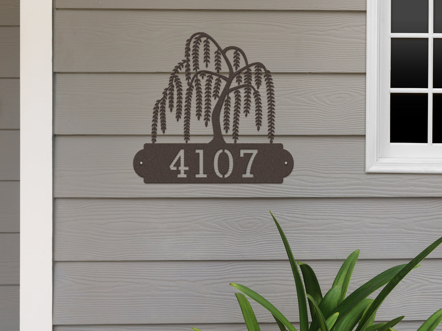 Weeping Willow House Numbers Address Sign displaying elegant steel craftsmanship with a tree design and customizable street numbers, ideal for enhancing outdoor home décor and making thoughtful housewarming gifts.