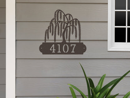 Weeping Willow House Numbers Address Sign displaying elegant steel craftsmanship with a tree design and customizable street numbers, ideal for enhancing outdoor home décor and making thoughtful housewarming gifts.