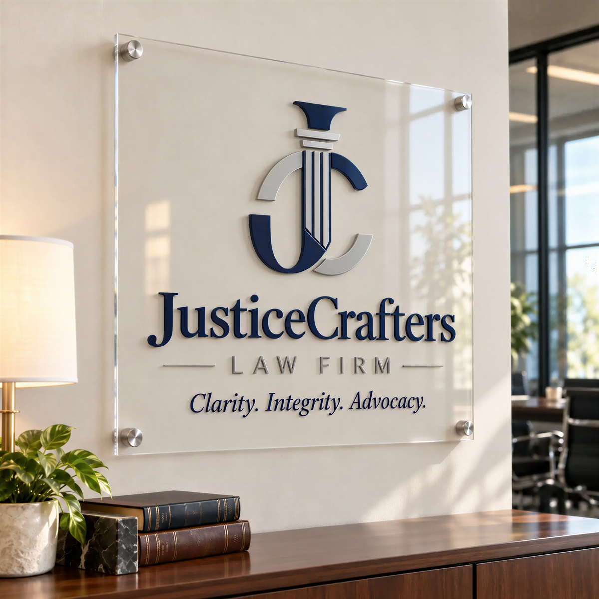 a glass wall with a logo for a law firm, Justice Crafters, and the company's slogan "Clarity, Integrity, Advocacy". The wall is decorated with a few books, a lamp, and a plant, creating a professional and organized atmosphere.