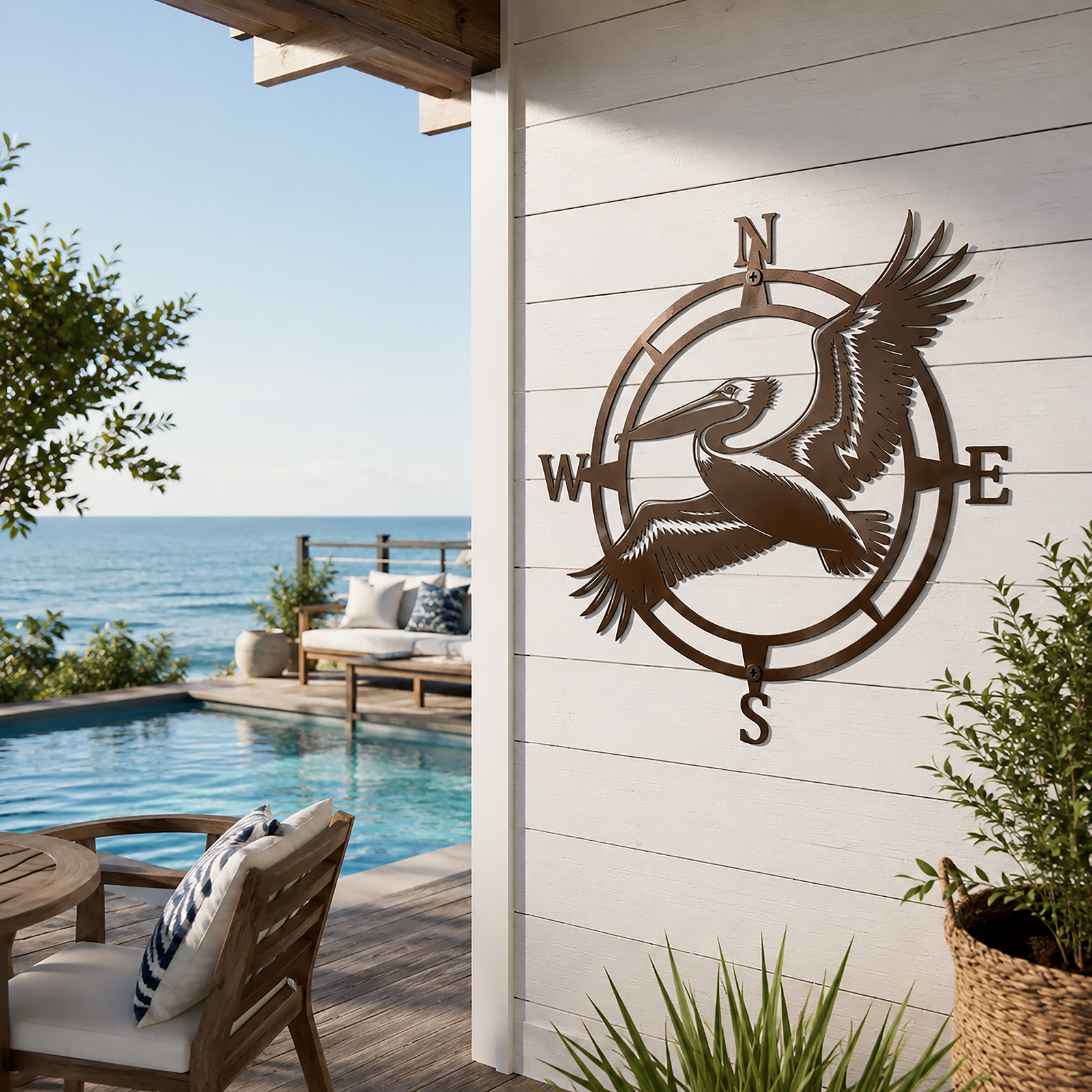 Blue Heron Compass Art – Coastal Metal Wall Decor | Weather Resistant Outdoor Sign