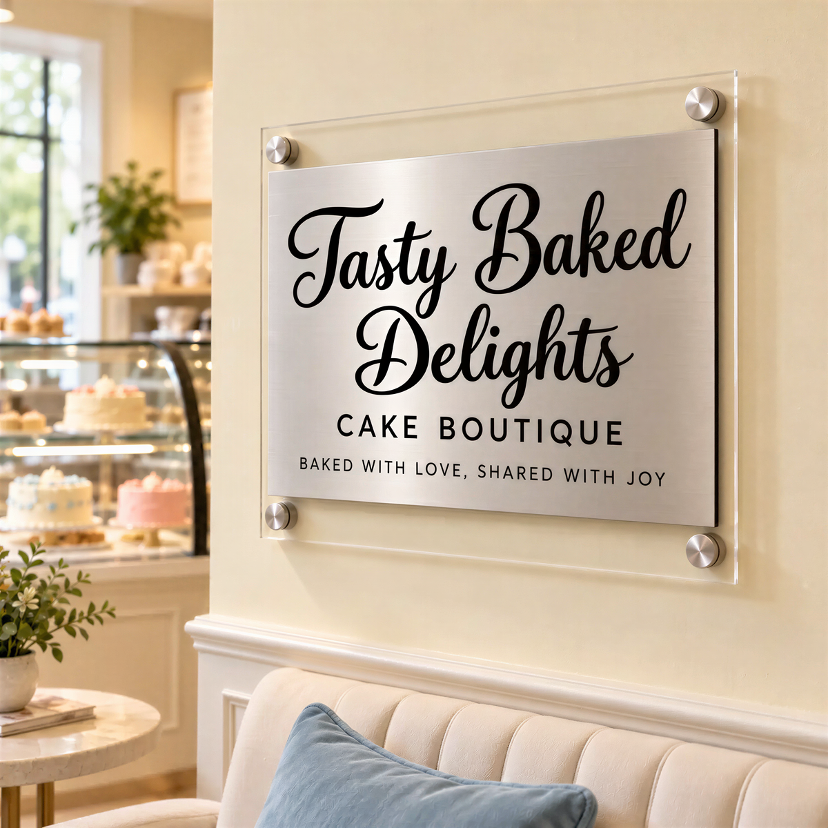 a sign for a bakery called "Tasty Baked Delights" that specializes in cake boutiques. The sign is mounted on a wall and displays the bakery's name and slogan, "Baked with love, shared with joy".
