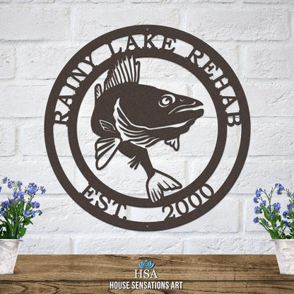 Personalized Walleye Fishing Sign - Custom Metal House Number Plaque features a detailed fish design, perfect for outdoor decor in gardens, yards, or farms, and ideal as a housewarming gift for animal lovers.