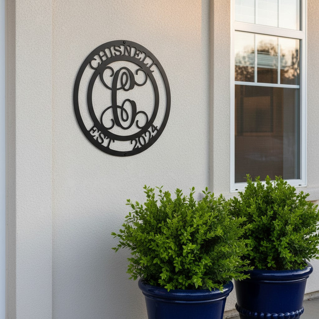 Letrero metálico de monograma con apellido para la decoración del hogar de aniversario