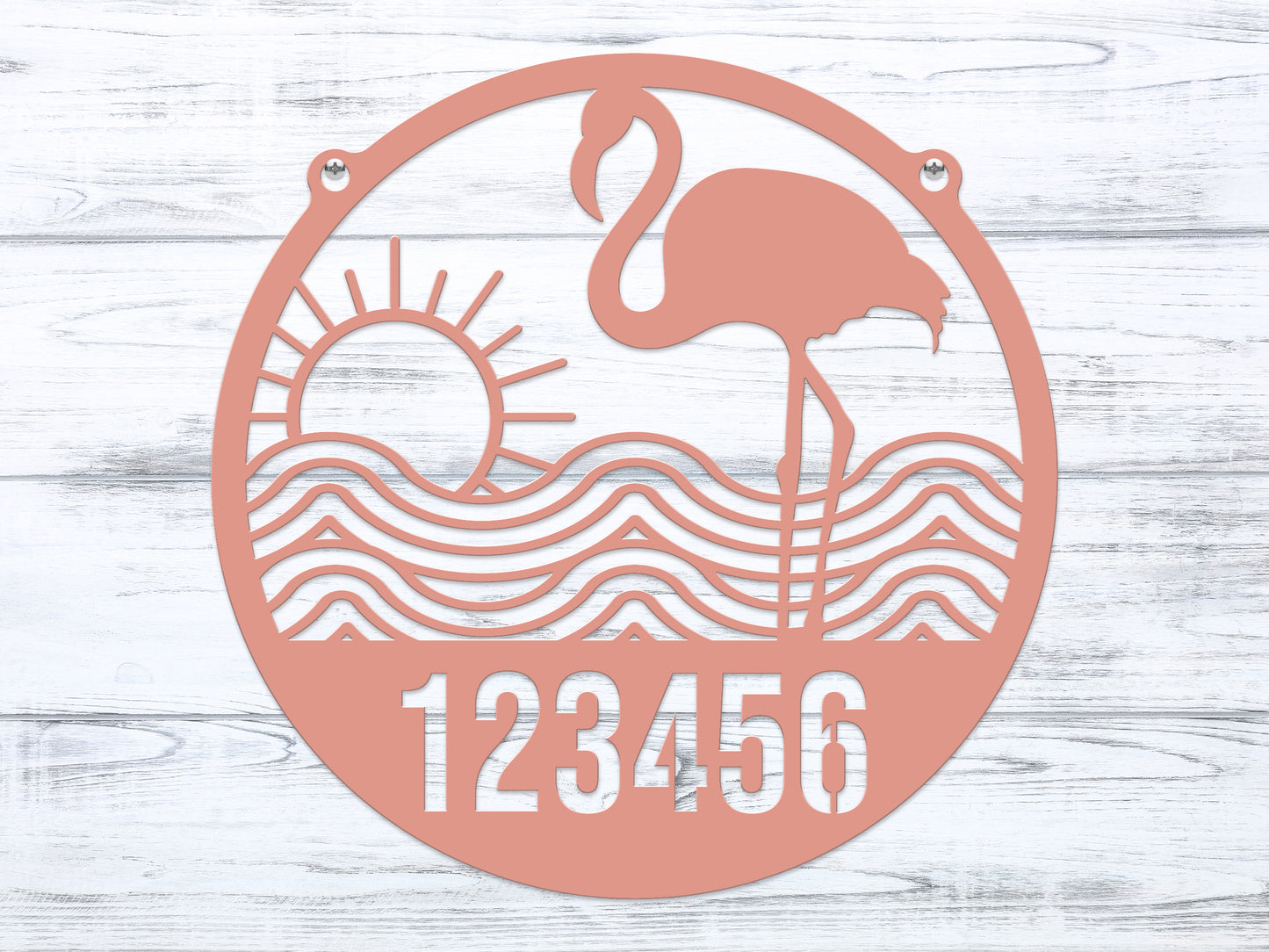 Flamingo Address Sign featuring a pink circle with a flamingo, sun, and waves, crafted from durable steel for weather-resistant outdoor décor. Perfect for home customization and gifting.