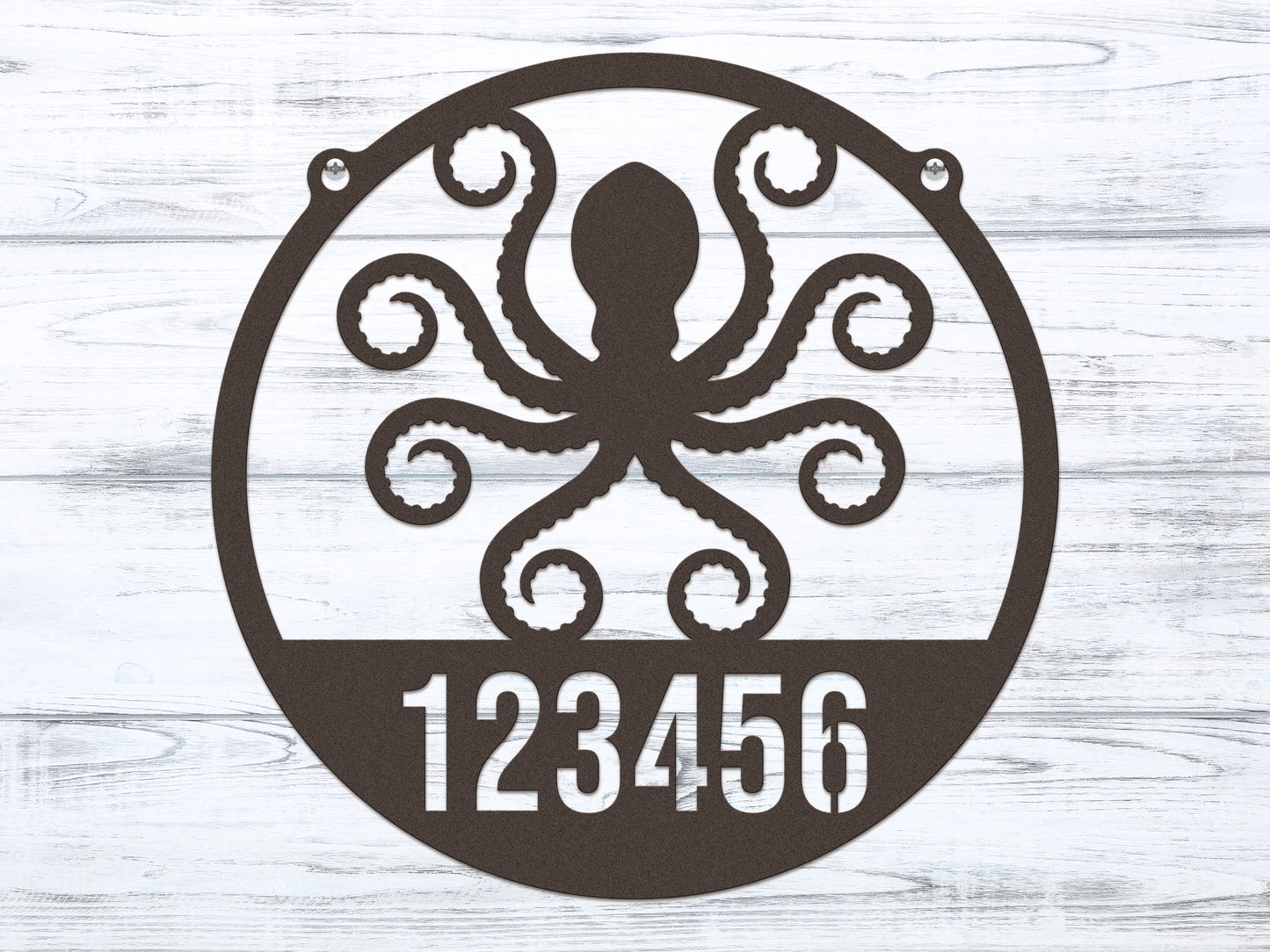 Octopus House Numbers Address Sign – Custom Street Numbers Sign features a black octopus design on a metal plaque, displaying house numbers, ideal for outdoor decor and personalization.