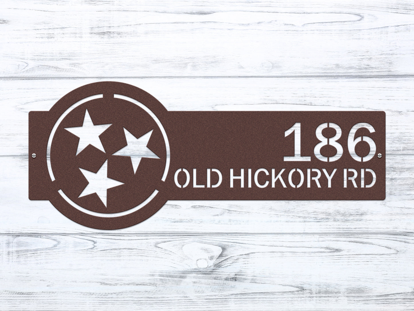 Tennessee Tristar Address Sign Plaque featuring custom house numbers and street name, showcasing laser-cut precision and durable design for weather-resistant outdoor home décor.