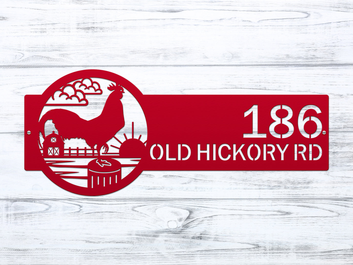 Rooster Farm Address Sign Plaque displaying a red rooster and barn graphic, customizable house numbers, and street name, ideal for rustic outdoor décor and housewarming gifts.