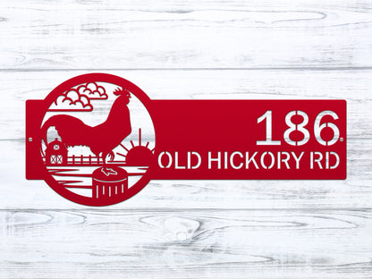 Rooster Farm Address Sign Plaque displaying a red rooster and barn graphic, customizable house numbers, and street name, ideal for rustic outdoor décor and housewarming gifts.