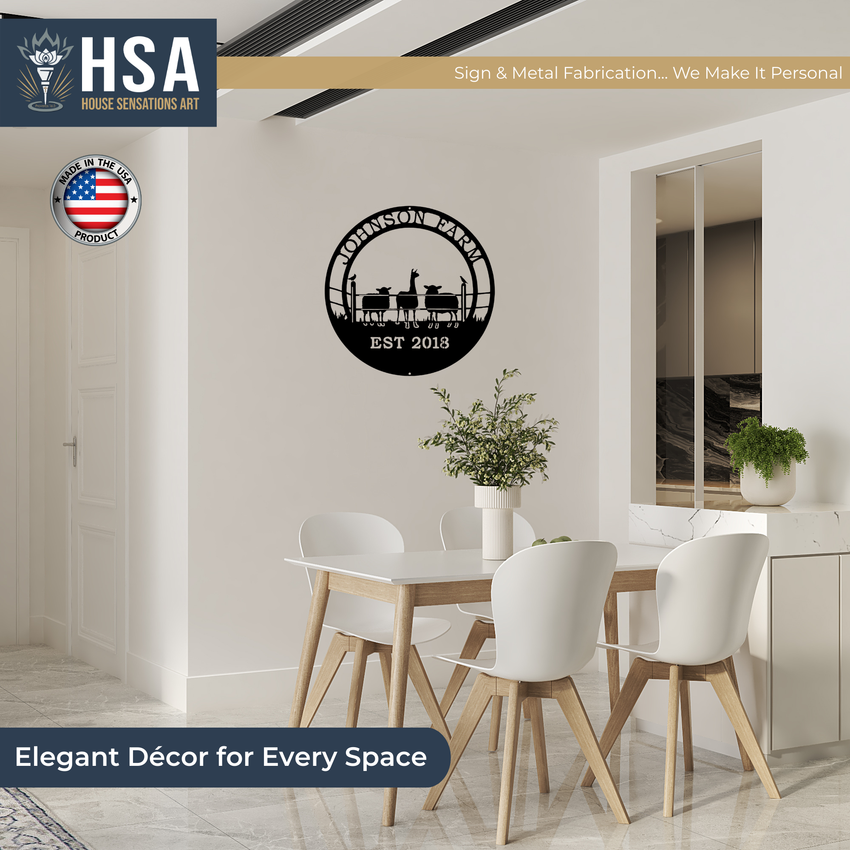 Custom alpaca and sheep ranch sign displayed in a dining area