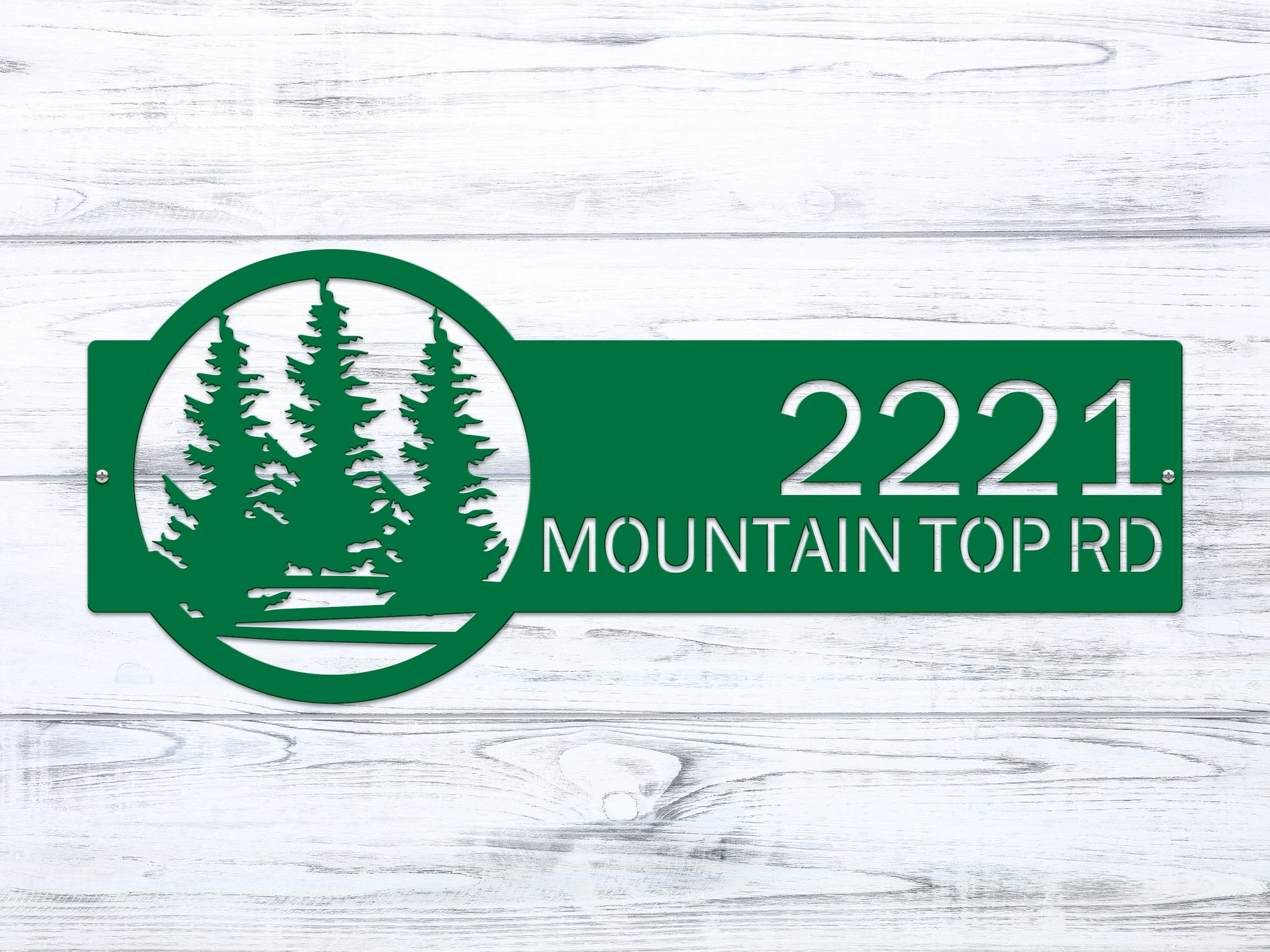 Evergreen Pine Trees Address Sign featuring laser-cut house numbers and tree motifs, crafted from durable steel, ideal for enhancing curb appeal in home or farm settings. Customizable and weather-resistant.