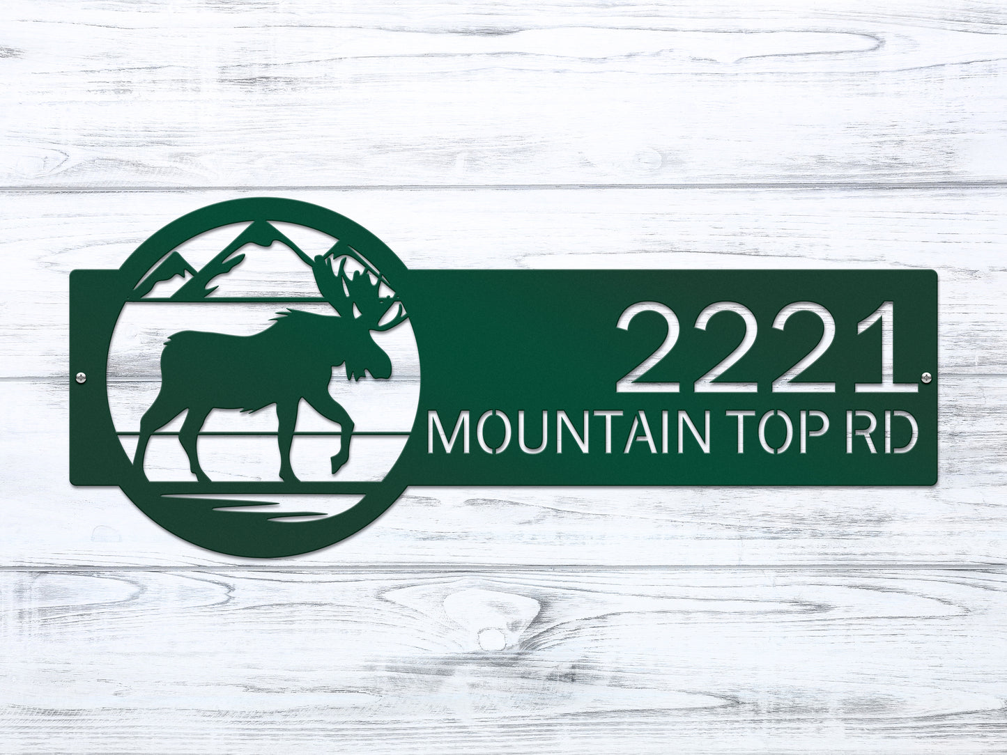 Mountain Moose Address Sign Plaque featuring a moose and mountain silhouette, customizable house numbers, and street name, crafted from steel for weather-resistant outdoor home décor, available through House Sensations Art.