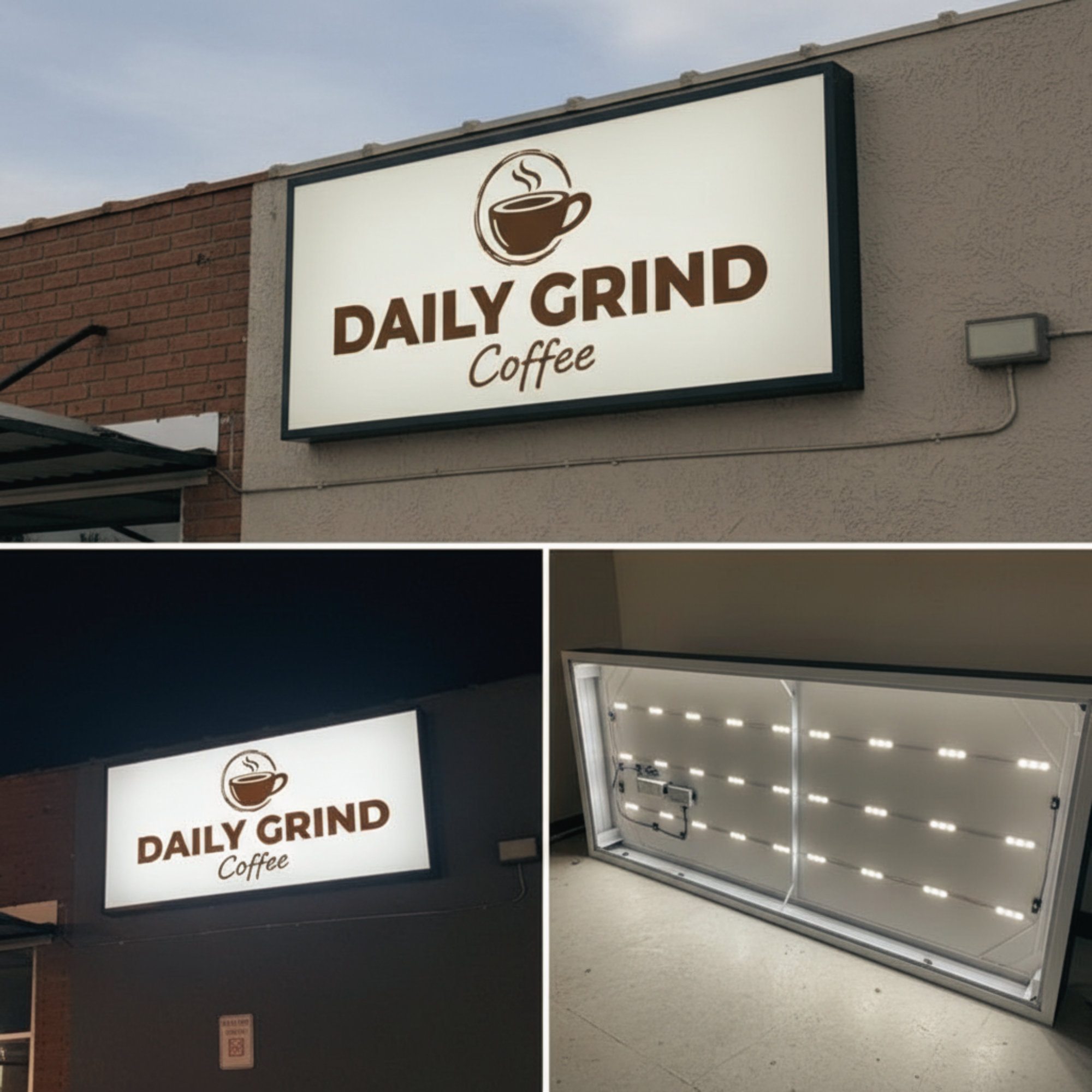 The image is a collage of three photos featuring the sign for Daily Grind Coffee. The sign displays the name "Daily Grind Coffee" in a large, bold font. The collage includes a close-up view of the sign, a full-length view of the sign, and a close-up view of a lighted sign.
