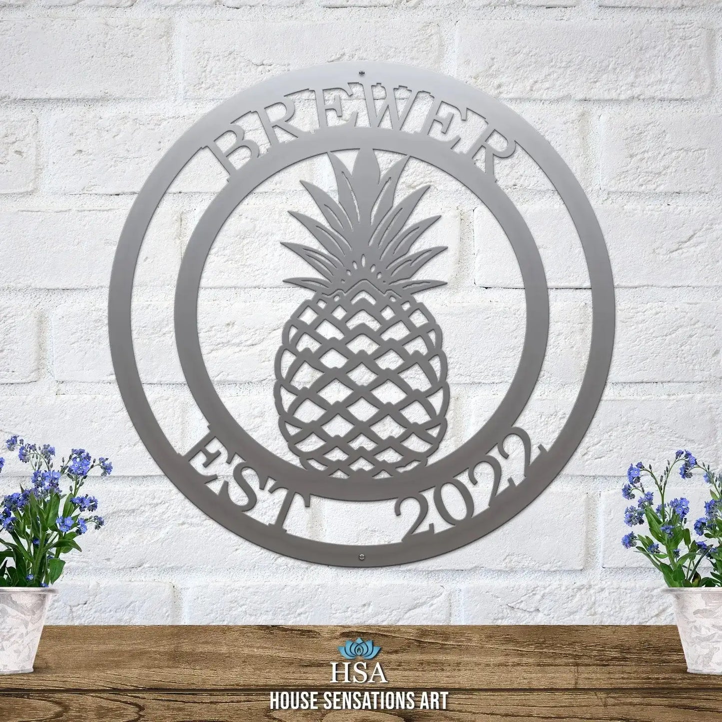 Pineapple Established Name Sign - Custom Street Numbers Sign, featuring a grey pineapple cutout, ideal for weather-resistant outdoor decor, showcasing hospitality and charm for home or housewarming gifts.