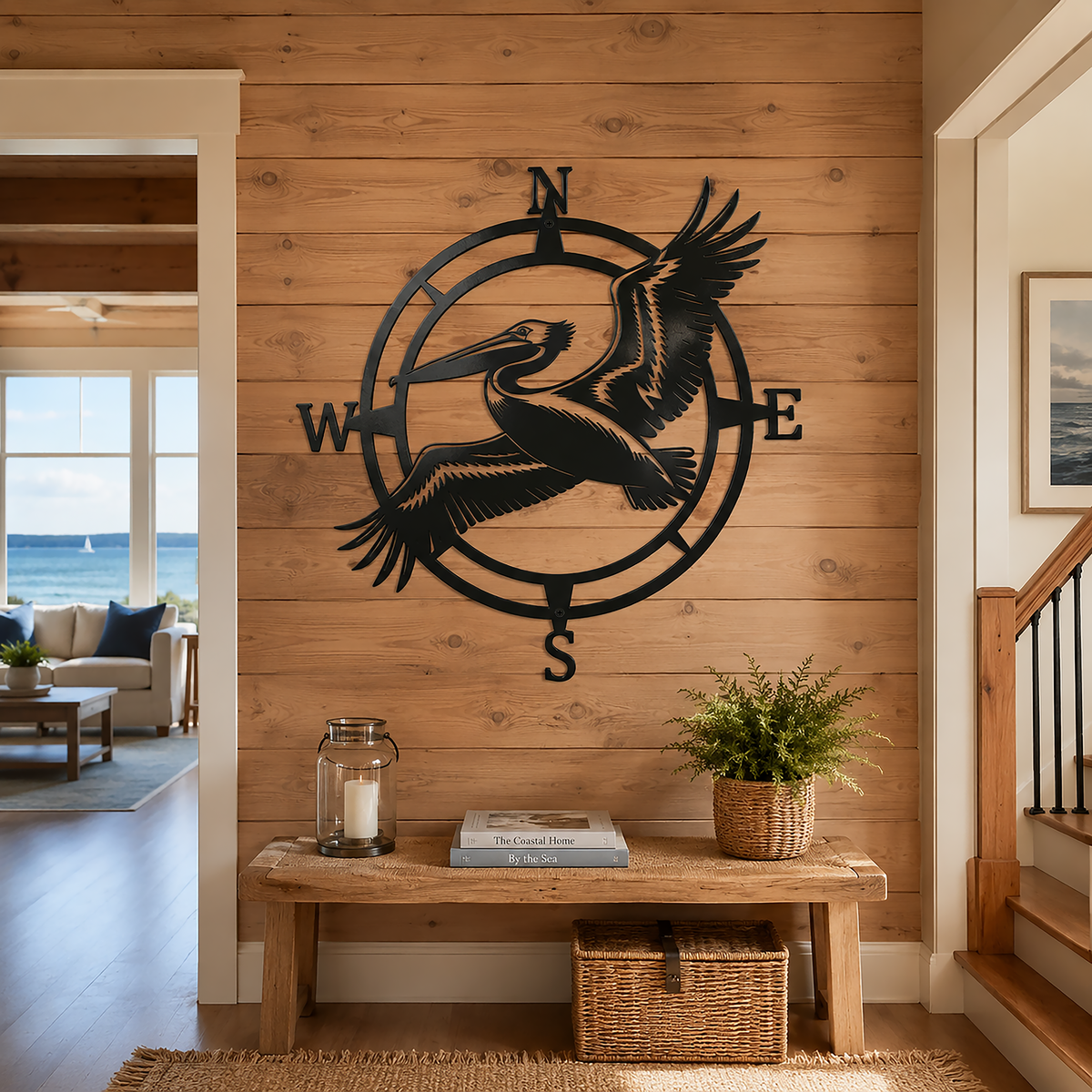 Blue Heron Compass Art – Coastal Metal Wall Decor | Weather Resistant Outdoor Sign