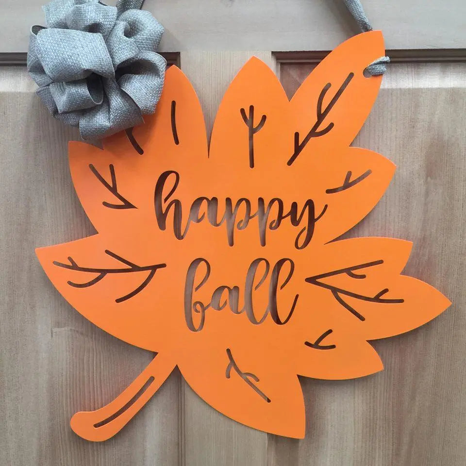 Happy Fall Y'all Metal Leaf Door Wreath featuring a metal sign on a door with a decorative grey ribbon, ideal for seasonal home or garden decor, customizable, and rust-resistant.