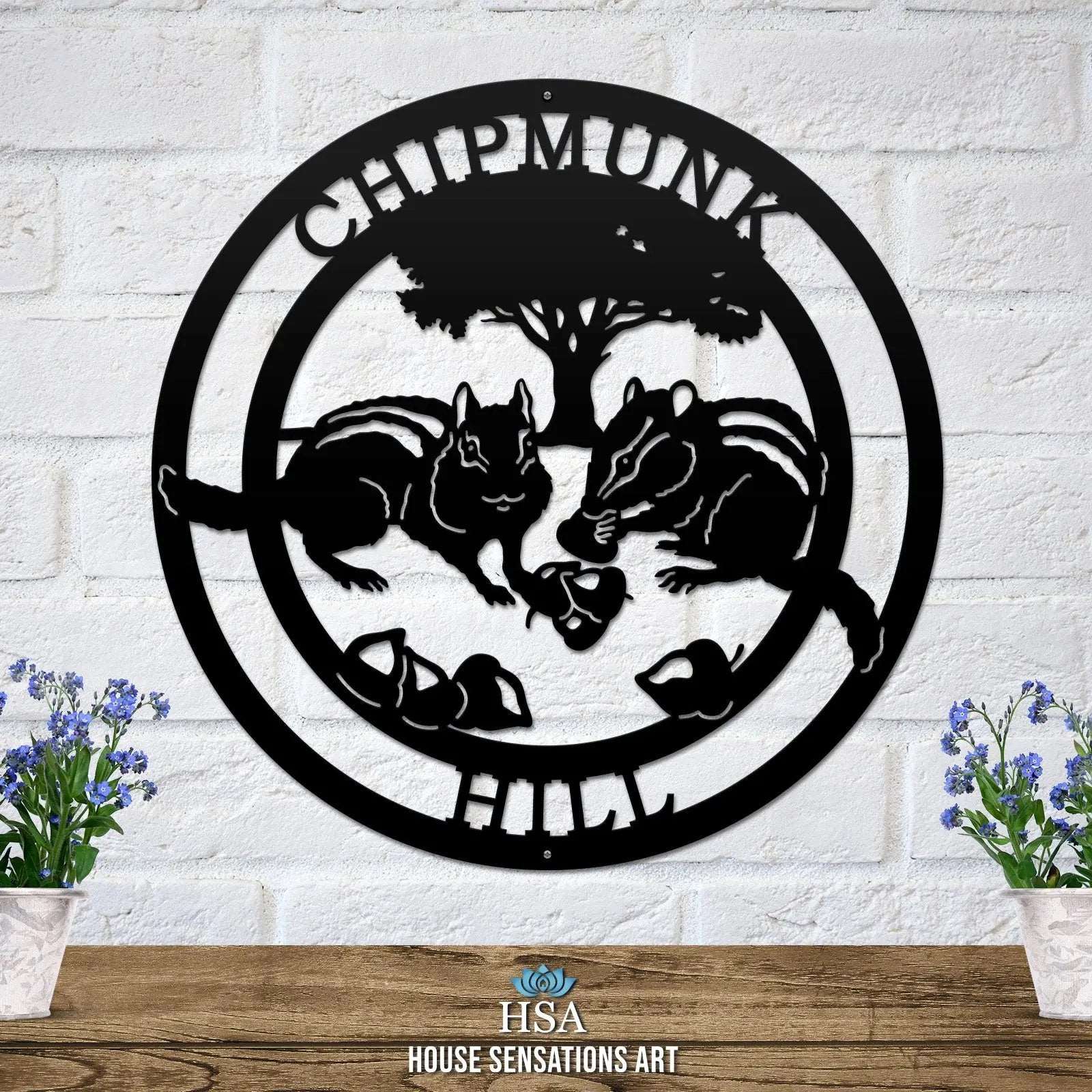 Personalized Chipmunk Sign - Custom Metal House Number Plaque featuring squirrels eating nuts, perfect for outdoor decor in gardens, yards, or farms, ideal housewarming gift for animal lovers.