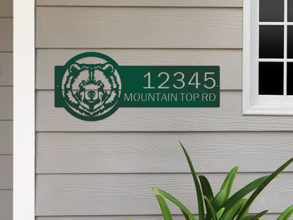 Bear Mountain Cabin Custom Address Sign featuring a green metal bear design, crafted from durable steel for outdoor use, ideal for personalizing rustic homes or cabins with custom house numbers.