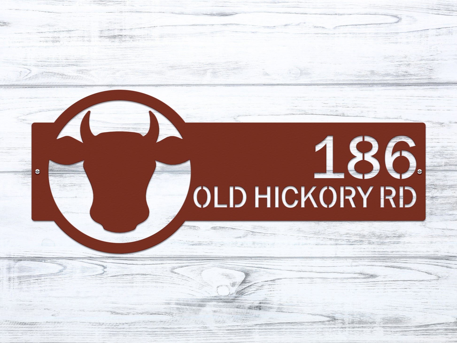 Cattle Farm Monogram Address Sign with cow head and custom street numbers, precision-cut from durable steel, ideal as a weather-resistant outdoor decor and housewarming gift.