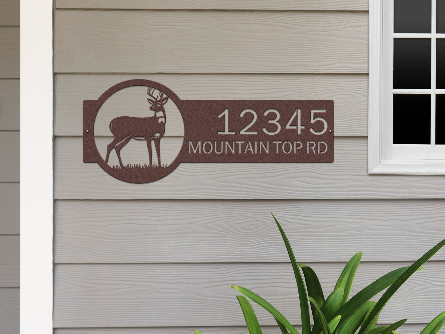 Customizable Deer Home Address Sign featuring a detailed metal deer silhouette, personalized house numbers, and street name on a sturdy, weather-resistant steel plaque, ideal for outdoor home décor.