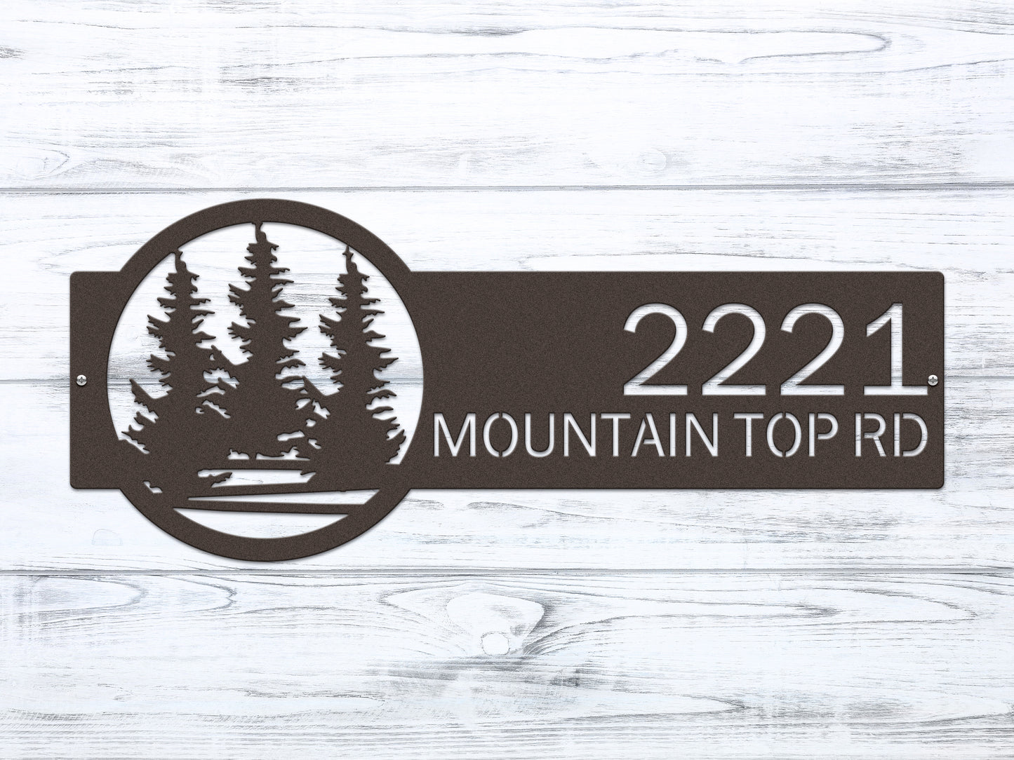 Evergreen Pine Trees Address Sign featuring laser-cut tree design and customizable house numbers, crafted from high-quality steel with a durable powder-coated finish, ideal for enhancing home curb appeal.