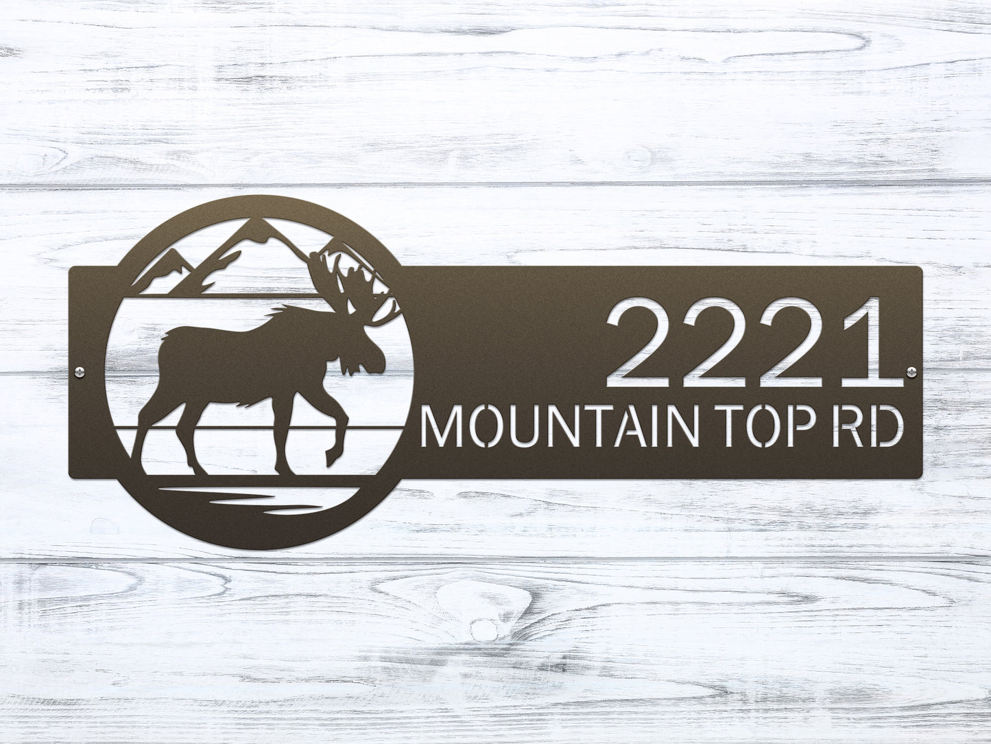 Mountain Moose Address Sign Plaque featuring a moose silhouette with mountain backdrop, customizable house numbers and text. Ideal for outdoor home décor, crafted from weather-resistant heavy-duty steel.