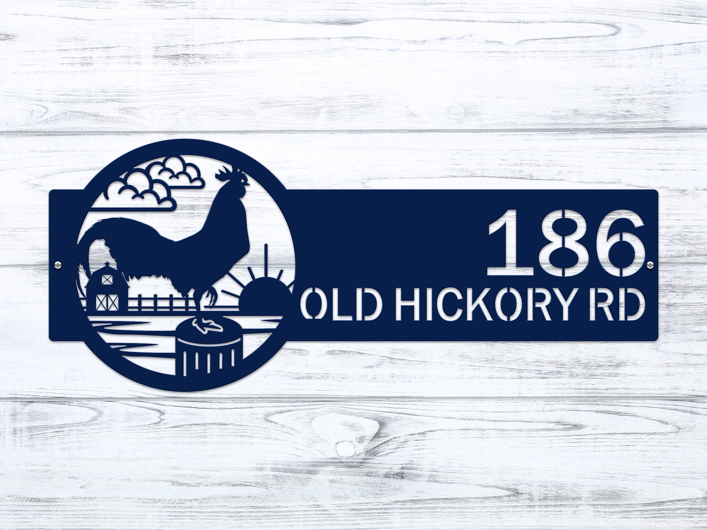 Rooster Farm Address Sign Plaque showcasing a blue rooster and barn, designed for personalized house numbers and street name, embodying rustic charm and weather-resistant features for home décor and gifts.