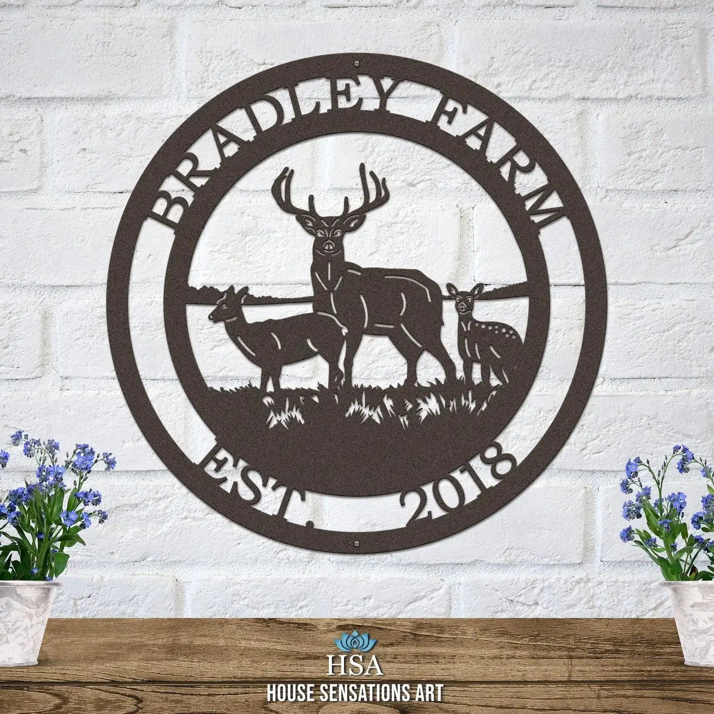 Personalized Three Deer Hunter Sign featuring intricately detailed metal deer silhouettes, perfect for indoor or outdoor decor, crafted with durable, weather-resistant steel. Ideal for custom house numbers or name signs.