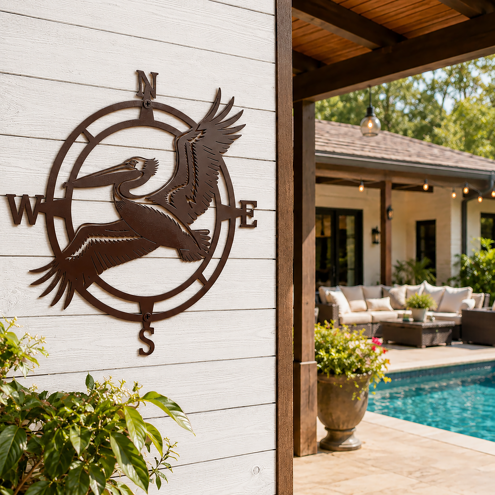 Blue Heron Compass Art – Coastal Metal Wall Decor | Weather Resistant Outdoor Sign
