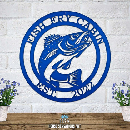 Metal Walleye Fishing Address Sign - Custom Metal House Number Plaque showcasing a fish design, ideal for outdoor decor in gardens, yards, or farms; perfect housewarming gift for animal lovers.