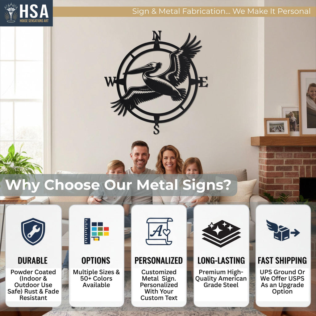 Why Choose Our Metal Signs? Our signs are Durable, featuring a powder-coated finish for indoor and outdoor use that is rust and fade resistant. We offer numerous Options with multiple sizes and over 50 colors available. Each piece is Personalized, allowing for a customized metal sign with your own custom text. They are Long-Lasting and crafted from premium high-quality American grade steel. Finally, we provide Fast Shipping via UPS Ground, with USPS available as an upgrade option.