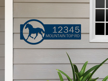 Horse Ranch Address Sign – Custom House Numbers & Street Name Sign: Features a laser-cut galloping horse graphic within a circle, ideal for ranch décor, showcasing personalized address details for outdoor use.