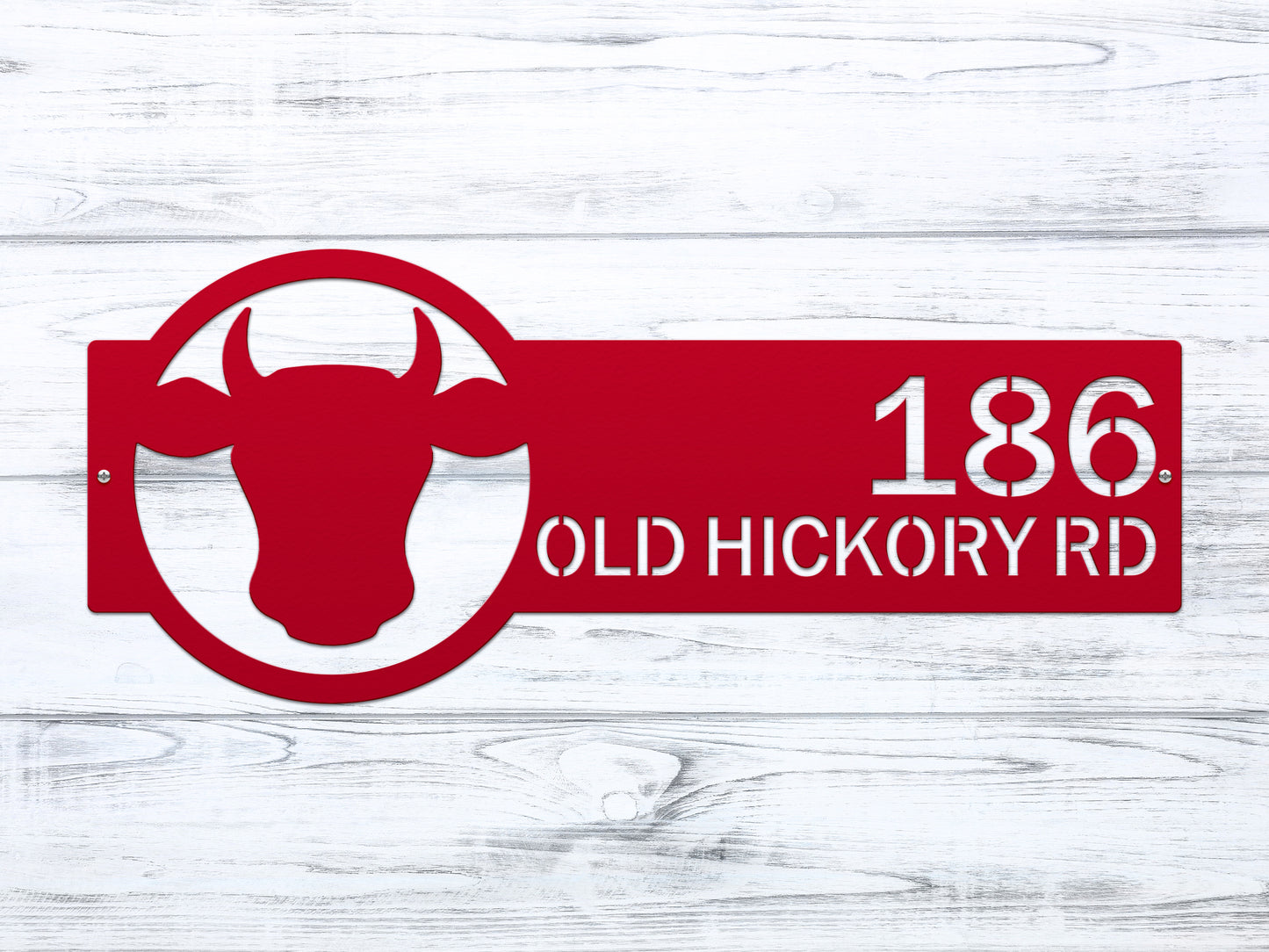 Cattle Farm Monogram Address Sign featuring a red sign with a cow head and customizable street numbers, embodying a precision laser-cut design ideal for outdoor home decor and housewarming gifts.