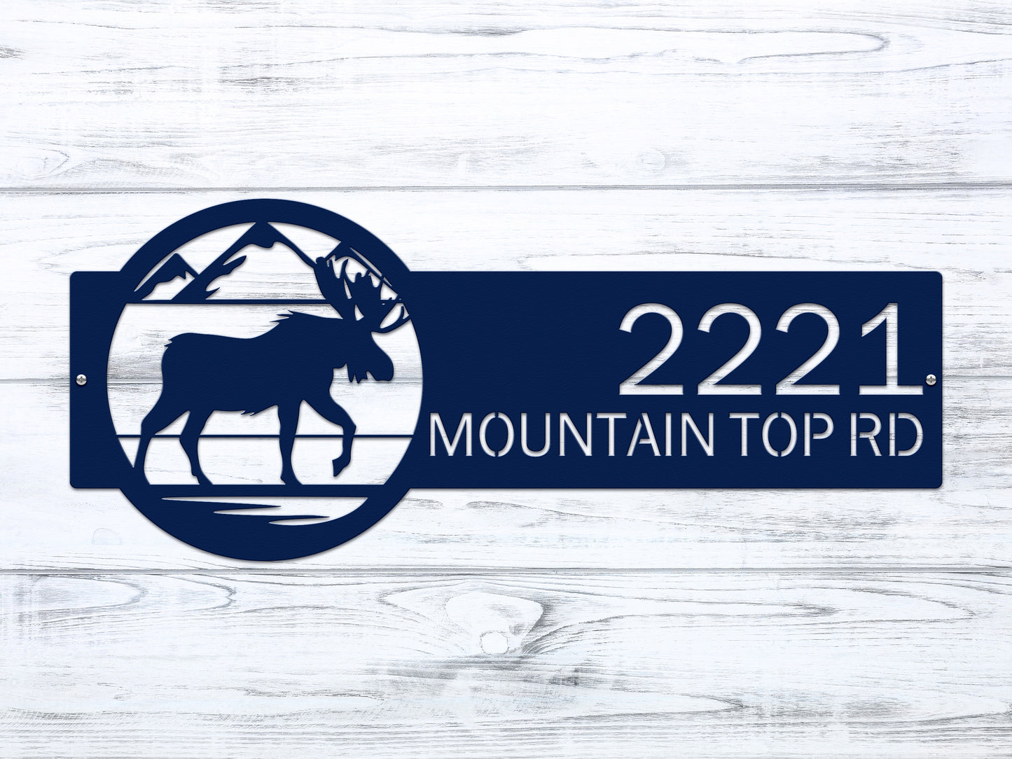 Mountain Moose Address Sign Plaque featuring a moose and mountain design, customizable with house numbers and street name. Crafted for outdoor durability and rustic charm, ideal for home décor or gifting.