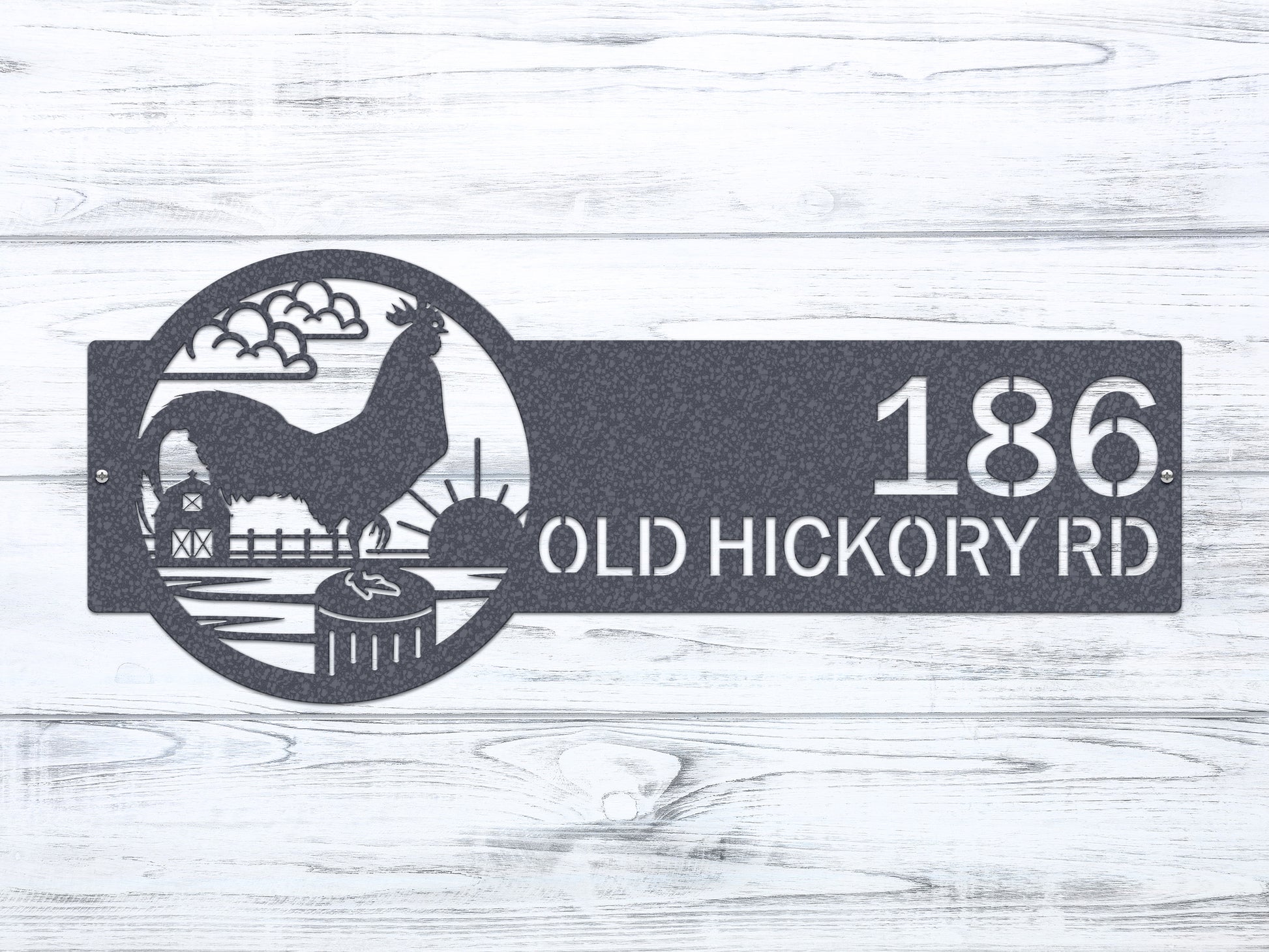 Rooster Farm Address Sign Plaque featuring a rooster and barn design, customizable with house numbers and street name, perfect for rustic farmhouse décor and weather-resistant outdoor use.