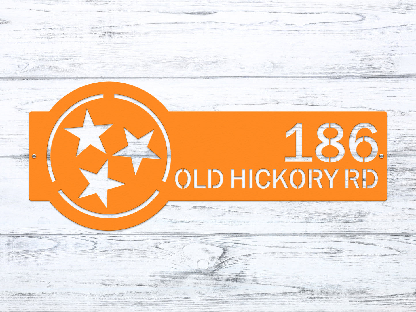 Tennessee Tristar Address Sign Plaque featuring custom house numbers and street name, laser-cut from heavy-duty steel, showcasing precision detailing for outdoor home décor and housewarming gifts.