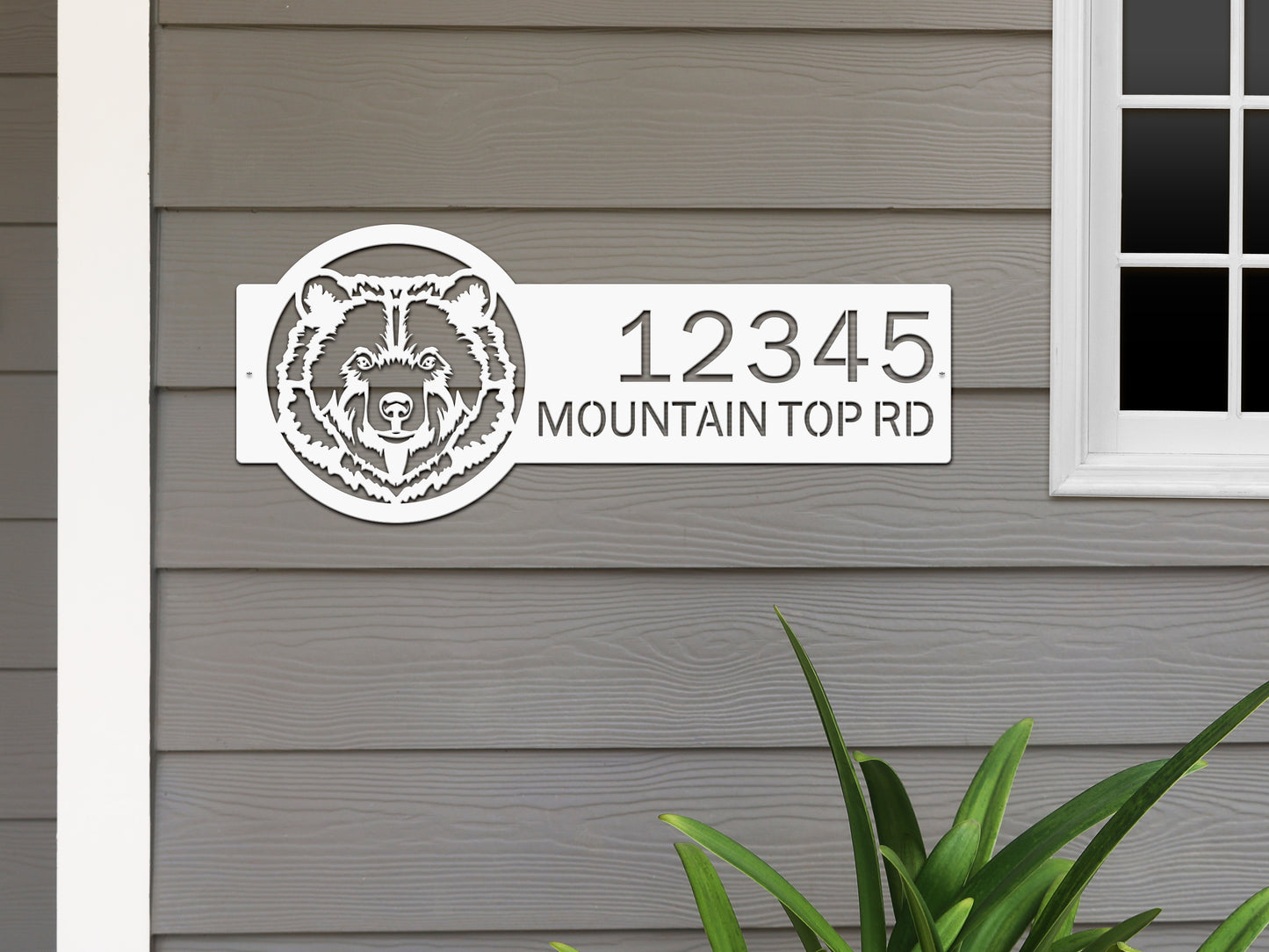 Bear Mountain Cabin Custom Address Sign features a bear motif and numbers, crafted from durable metal for outdoor use, ideal for home décor or gifting, aligning with House Sensations Art's custom signage expertise.