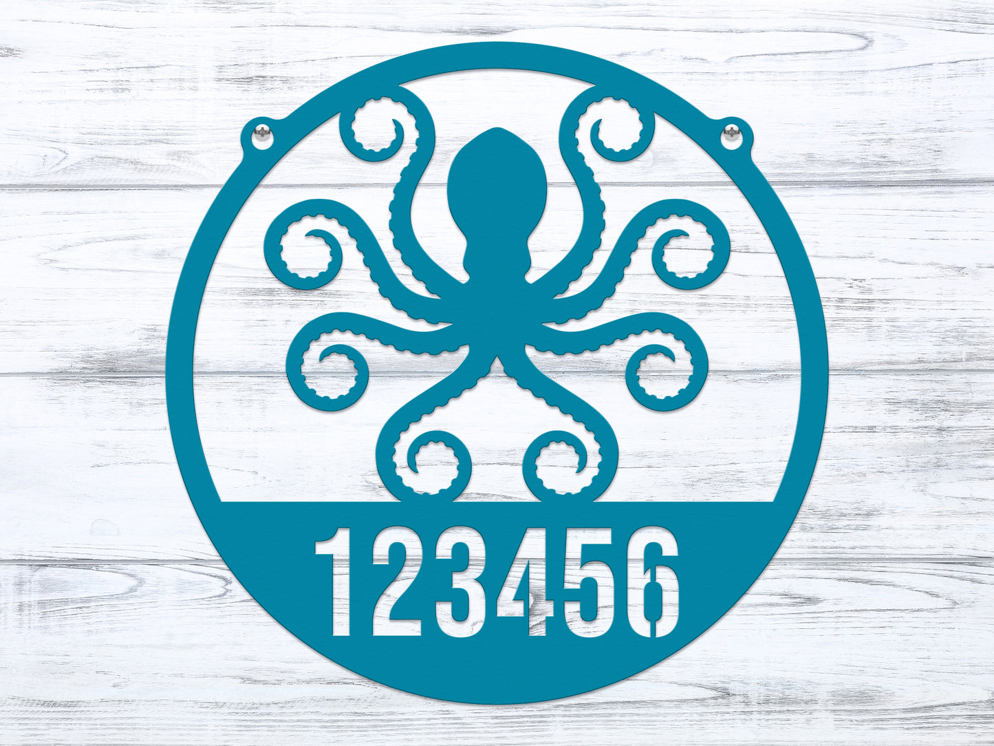 Octopus House Numbers Address Sign featuring a stylized blue octopus and house numbers, crafted from durable steel. Ideal for adding nautical charm to outdoor home décor.