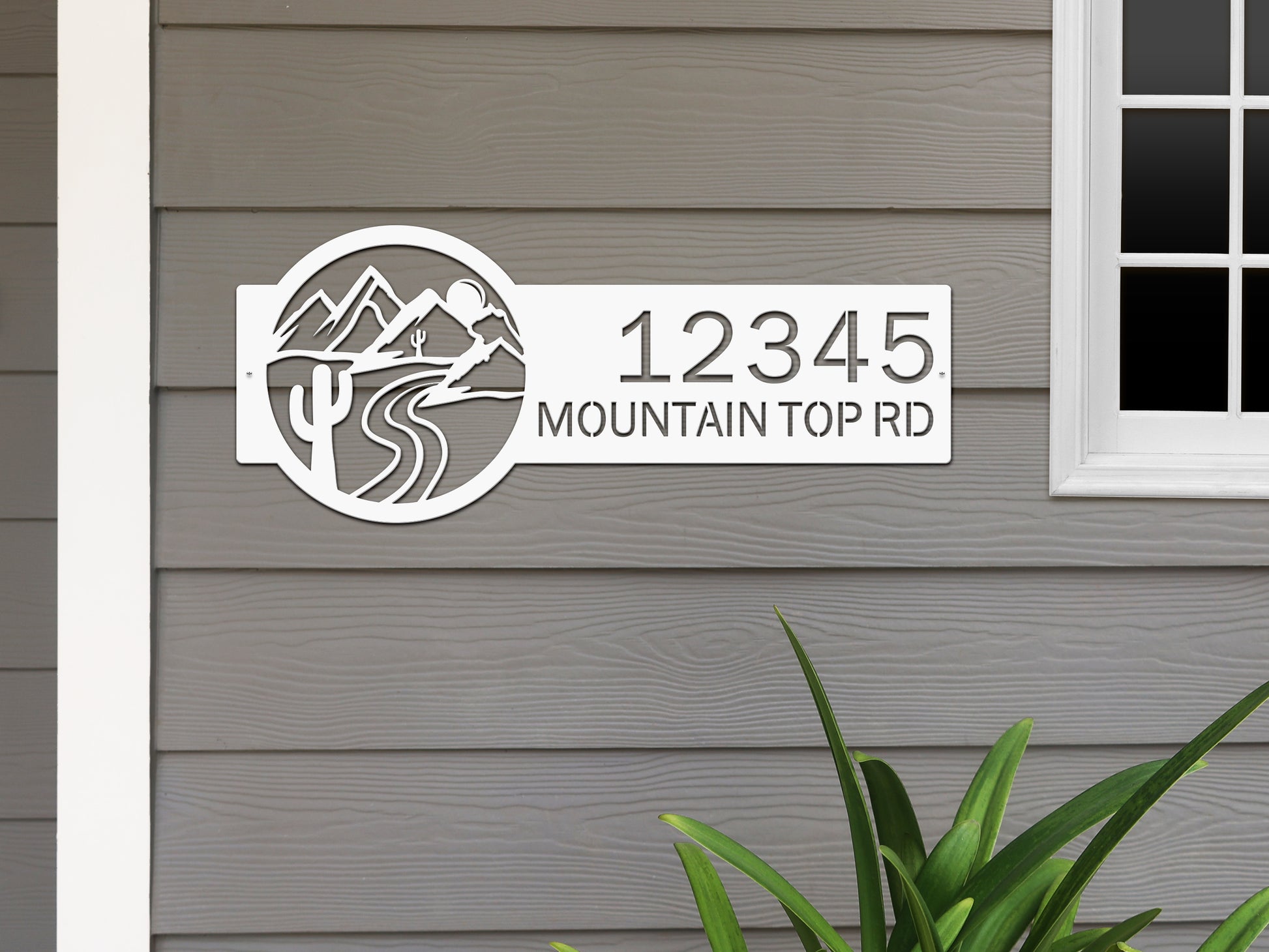 Desert Mountain Monogram Address Plaque featuring laser-cut metal house numbers with mountain and cactus motifs, enhancing outdoor decor with personalized elegance and durability for homes.