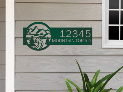 Desert Mountain Monogram Address Plaque featuring laser-cut metal mountains and trees, customized with house numbers, highlighting its elegant, weather-resistant design for enhancing home curb appeal.