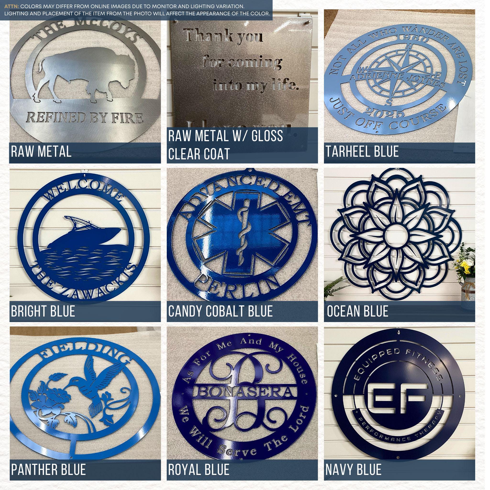 9-panel color sample chart displaying different finishes and shades for custom metal signs. Top row shows Raw Metal with a buffalo design, Raw Metal with Gloss Clear Coat featuring a quote, and Tarheel Blue compass-themed sign. Middle row includes Bright Blue boat sign, Candy Cobalt Blue emergency medical emblem, and Ocean Blue floral mandala design. Bottom row features Panther Blue hummingbird sign, Royal Blue monogram sign, and Navy Blue circular ‘EF’ logo sign