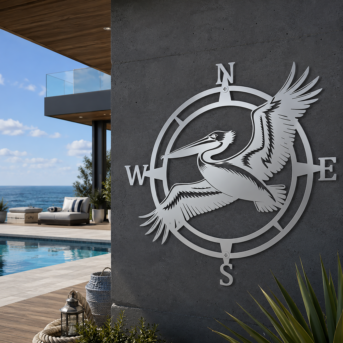 Blue Heron Compass Art – Coastal Metal Wall Decor | Weather Resistant Outdoor Sign